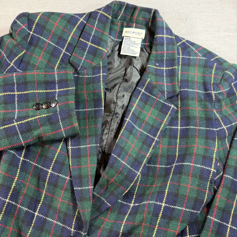 White Stag Blazer Womens 12 Green Excellent Wool Blend Plaid Jacket WSS11651
